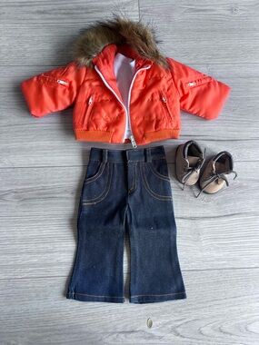 18” Doll Clothes For American Girl Doll - Sophia’s Orange Puffer Jeans Boots
